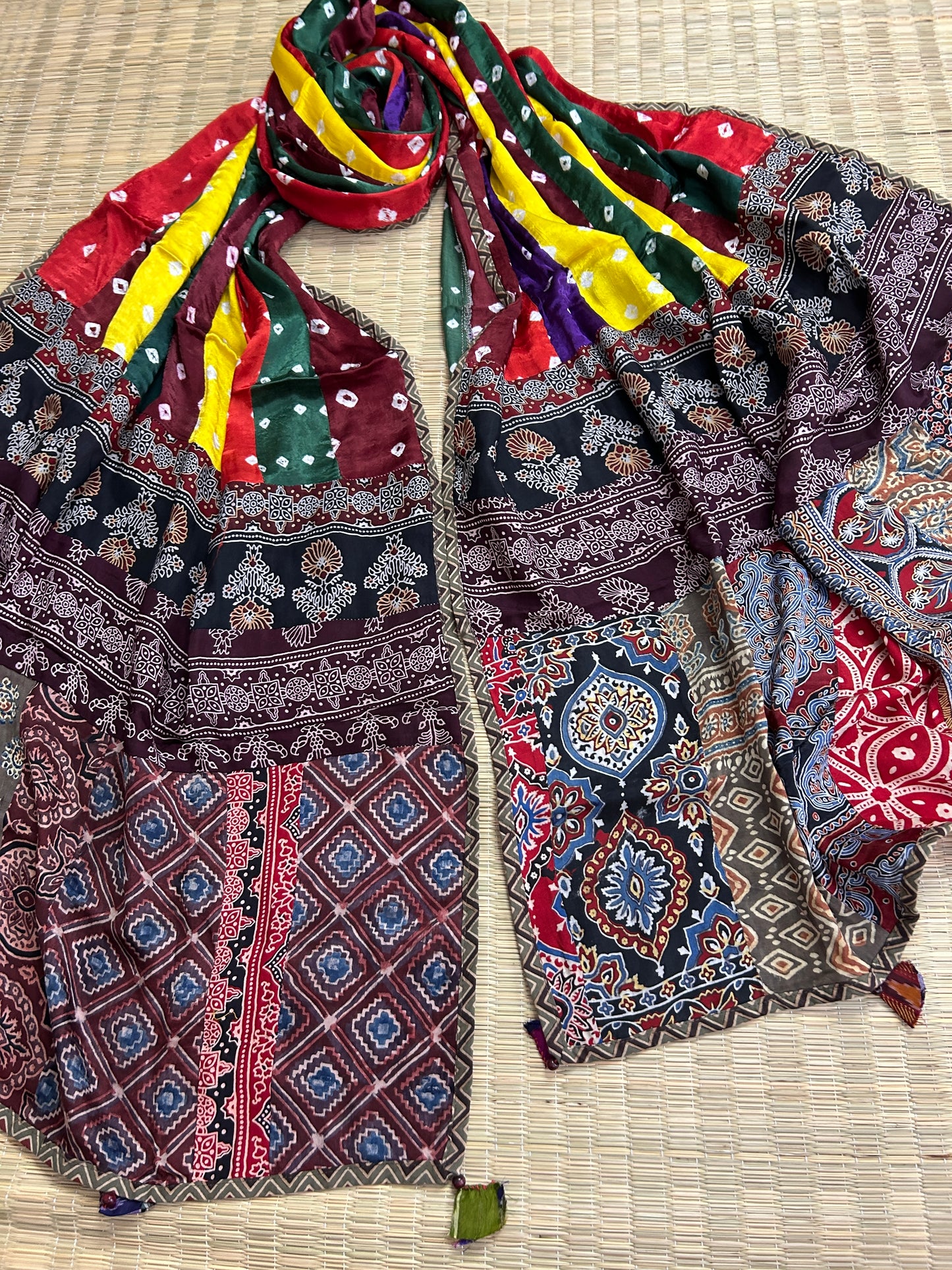 Ajrakh Bandhej Patch Work Modal Silk Dupatta (D62)