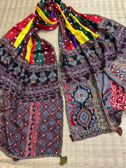 Ajrakh Bandhej Patch Work Modal Silk Dupatta (D62)