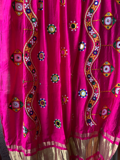 Pink Semi Modal Mirror Work and Kutchh Work Dupatta with lagdi patta
