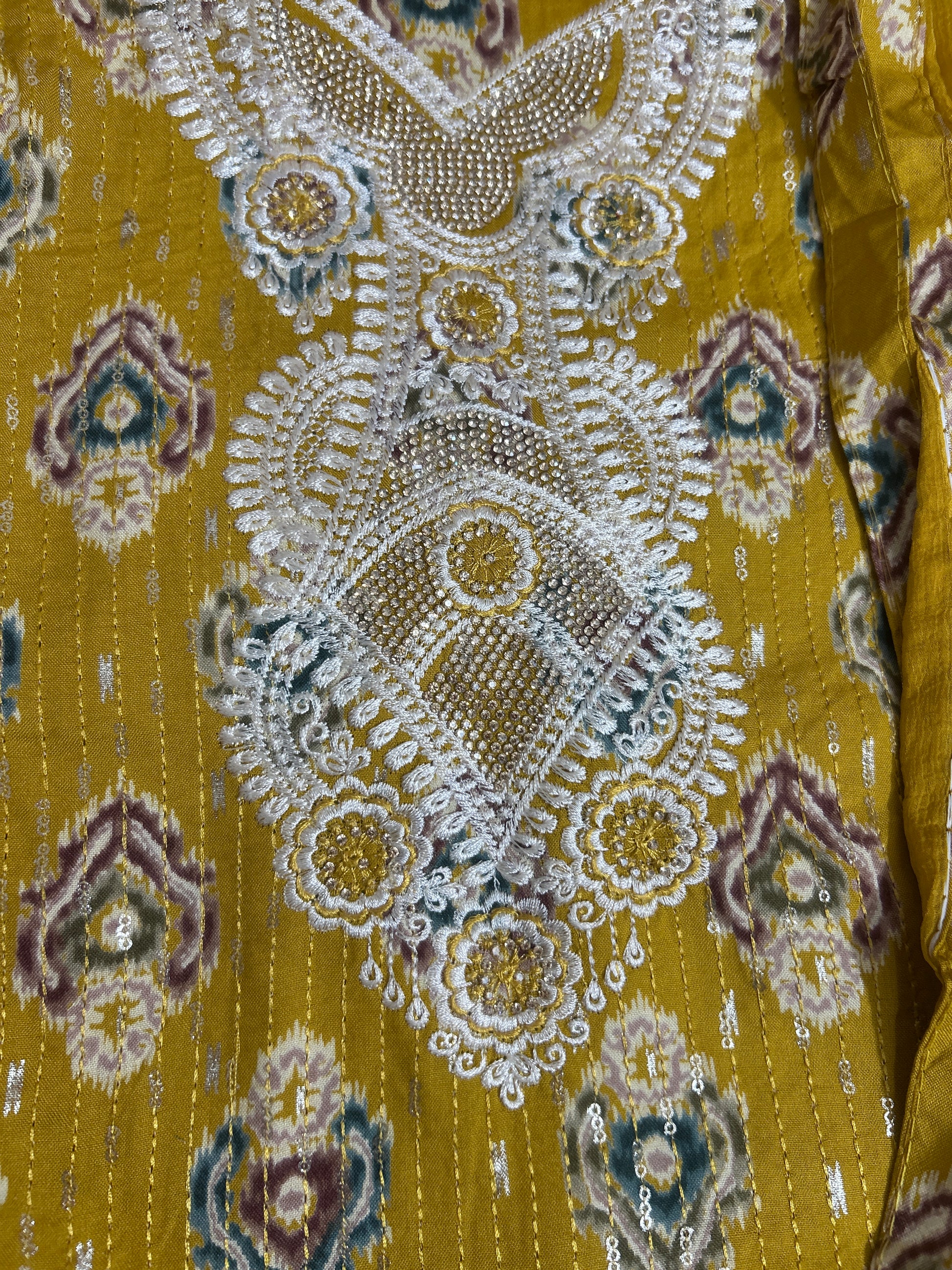 Yellow Embroidered Cotton Dress Material with Chiffon Dupatta