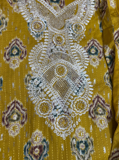 Yellow Embroidered Cotton Dress Material with Chiffon Dupatta