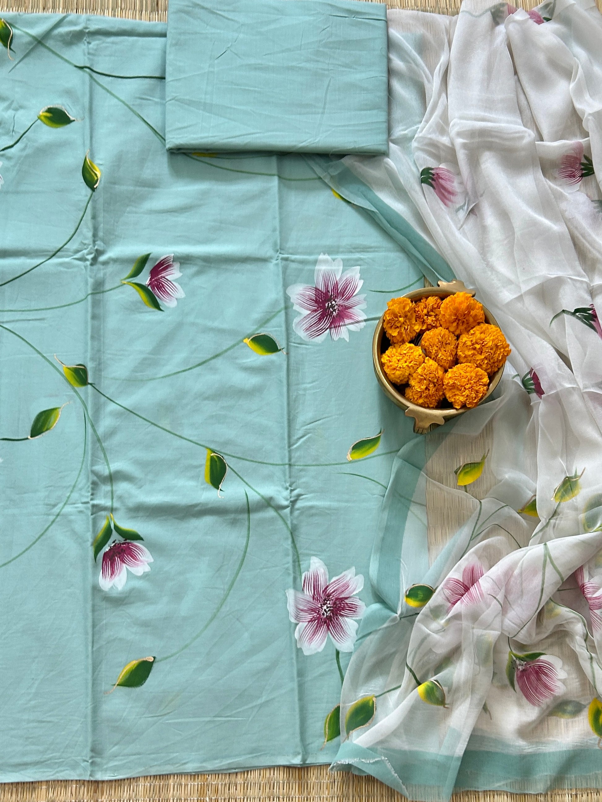 Hand Painted Cotton Dress Material with Chiffon dupatta