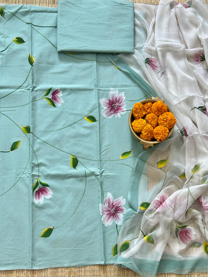 Hand Painted Cotton Dress Material with Chiffon dupatta