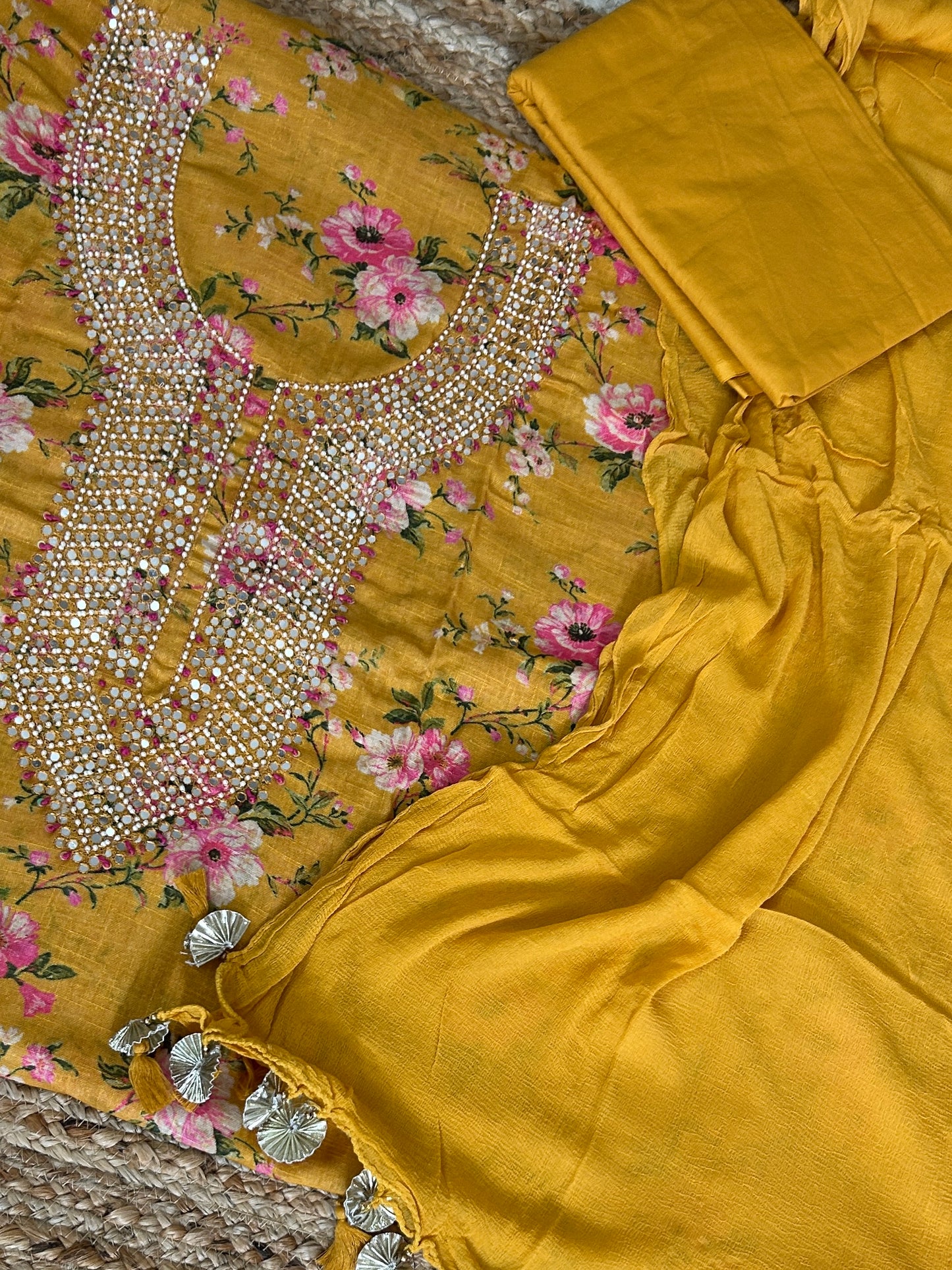 Linen Cotton Floral Print Dress Material with Handwork