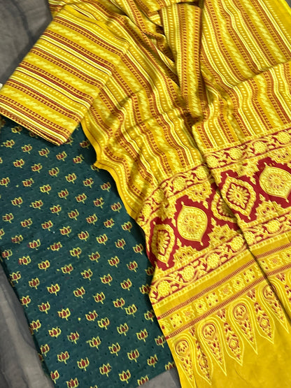 Ajrakh Cotton Dress Material with Hakoba Top