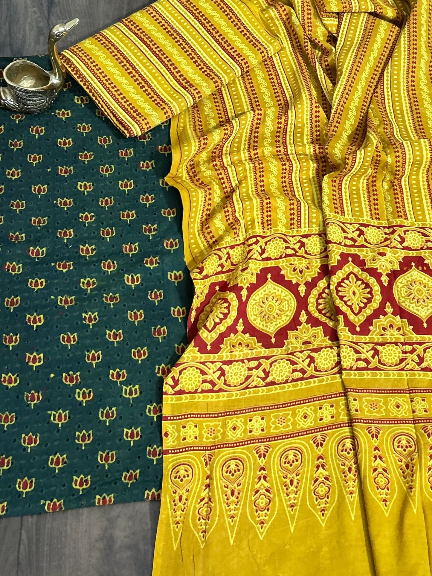 Ajrakh Cotton Dress Material with Hakoba Top