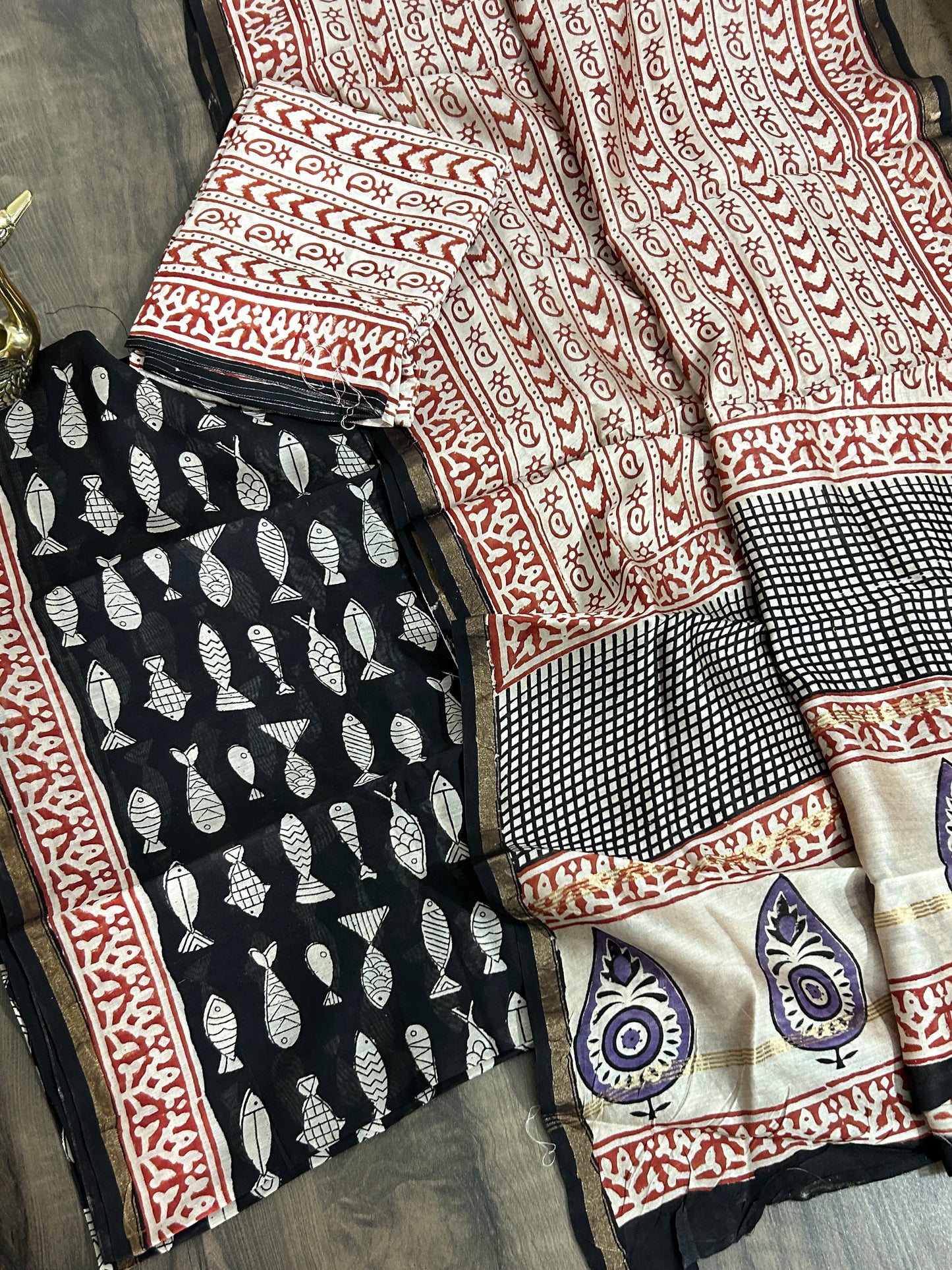 Hand Block Printed Chanderi Silk Cotton Dress Material with Shantoon Bottom