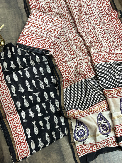 Hand Block Printed Chanderi Silk Cotton Dress Material with Shantoon Bottom