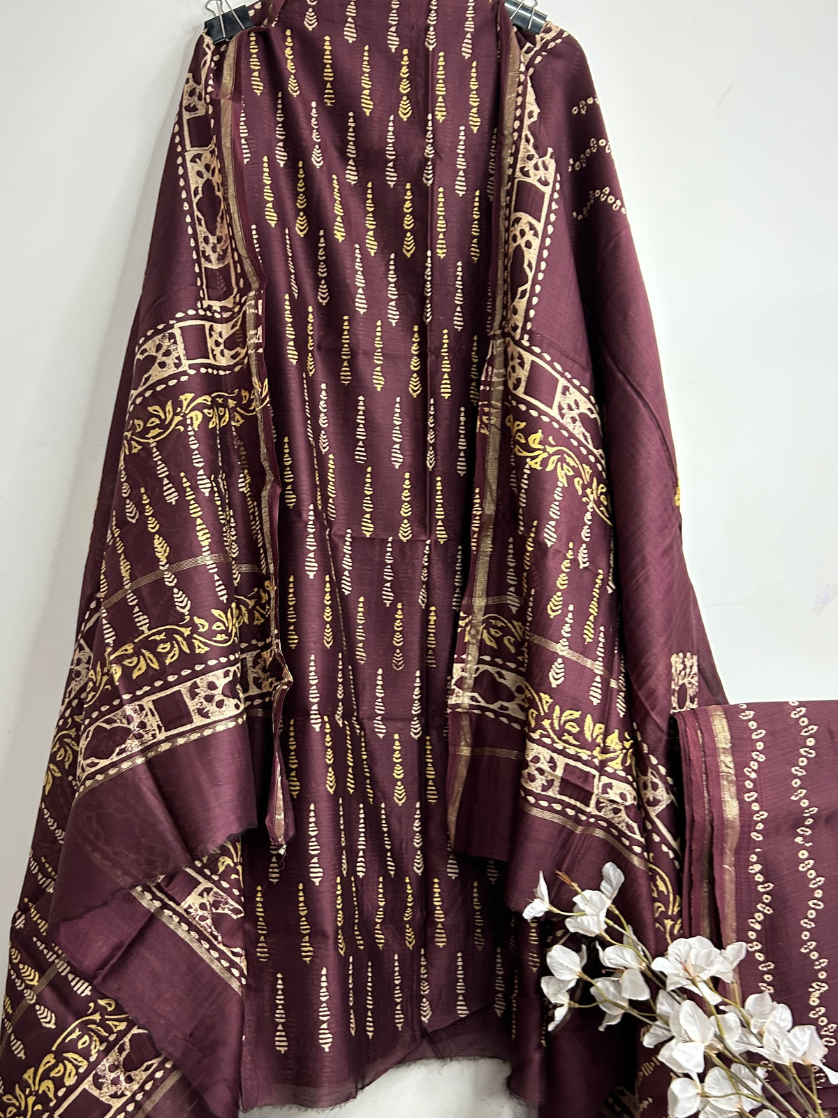 Chanderi Pure Silk Hand Blockprint Dress Material with Silk bottom