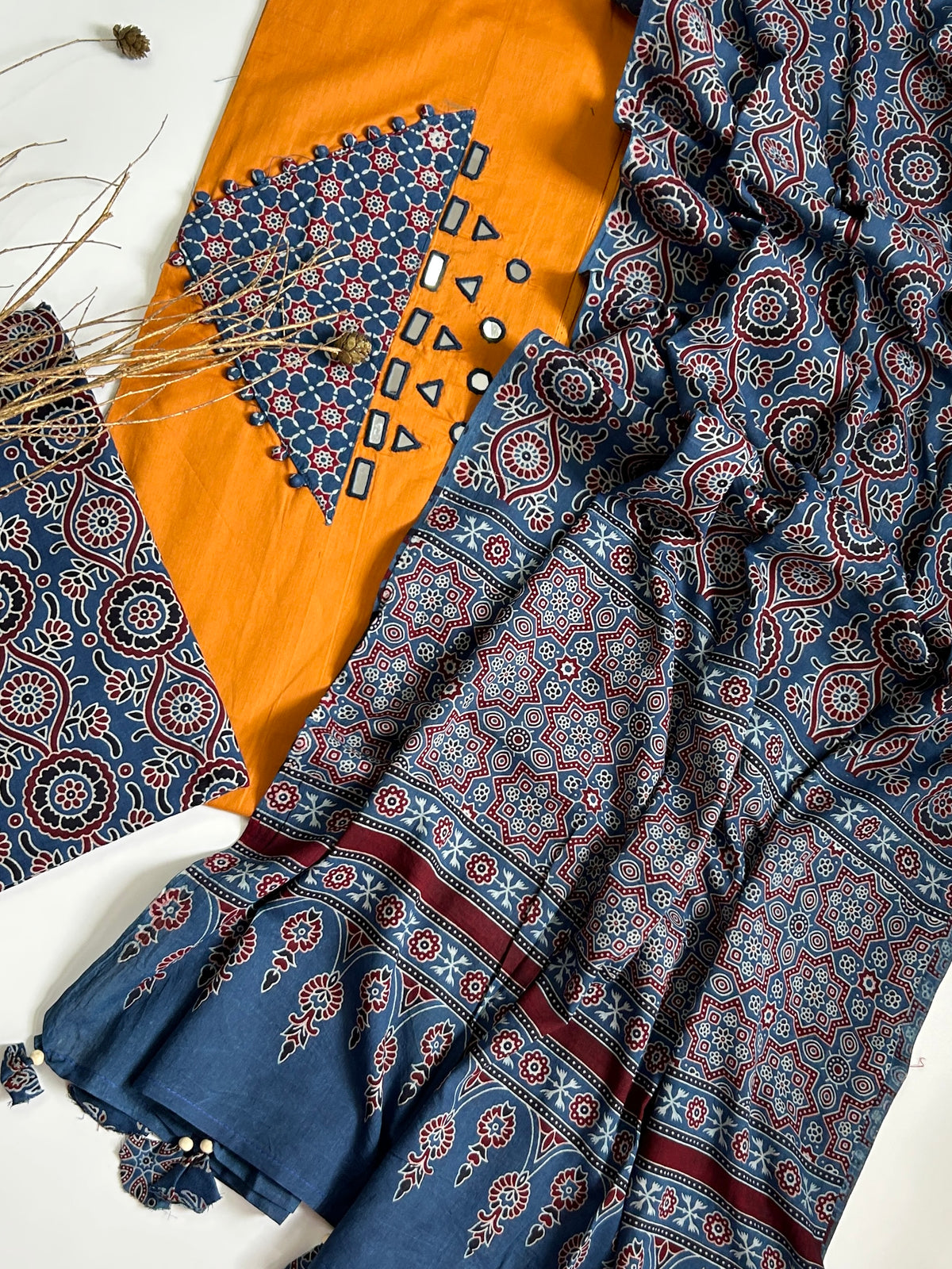 Ajrakh Cotton Dress Material with Original Mirror Work
