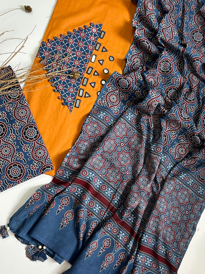 Ajrakh Cotton Dress Material with Original Mirror Work