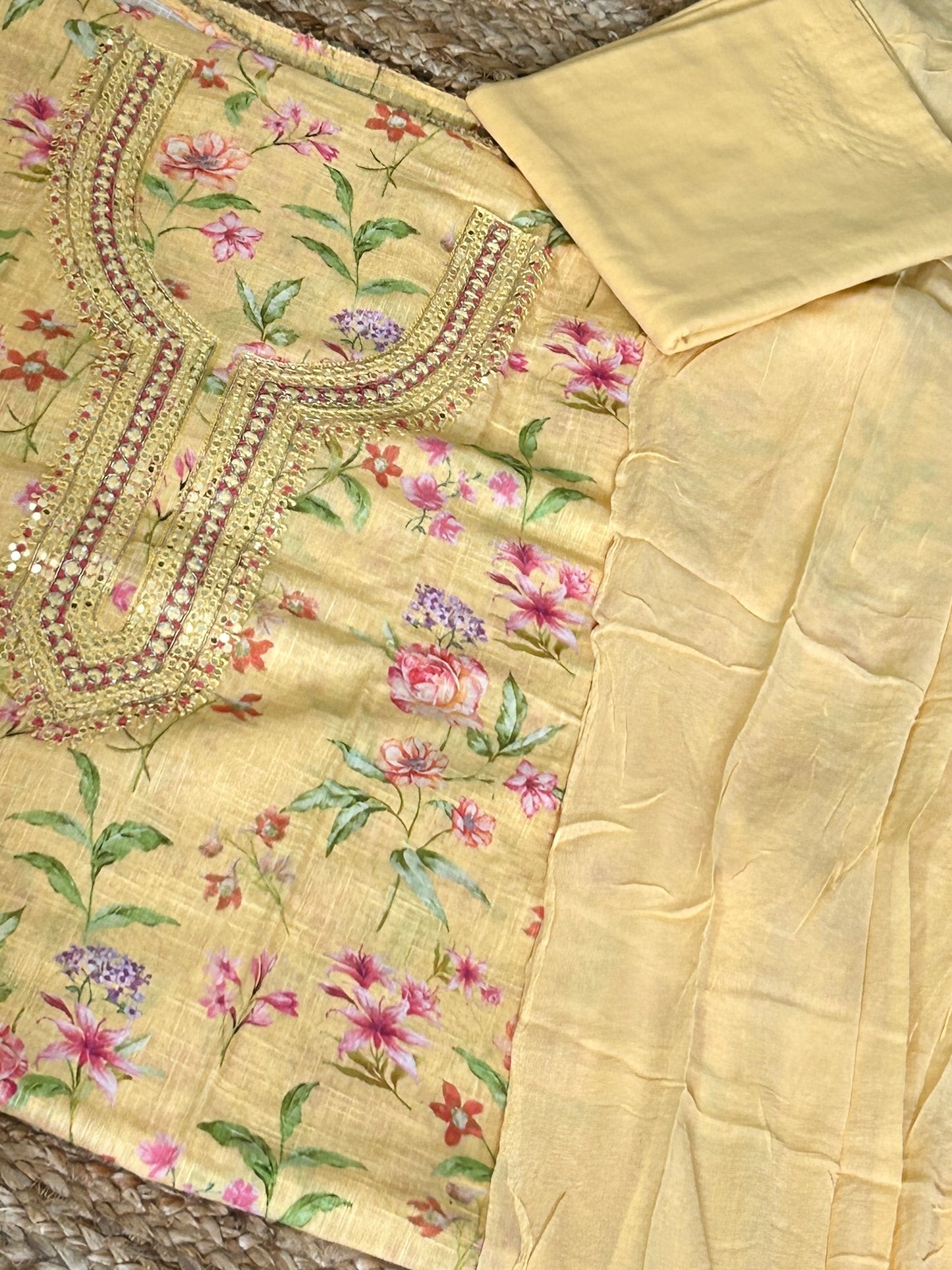 Linen Cotton HandWork Dress Material with Chiffon Dupatta