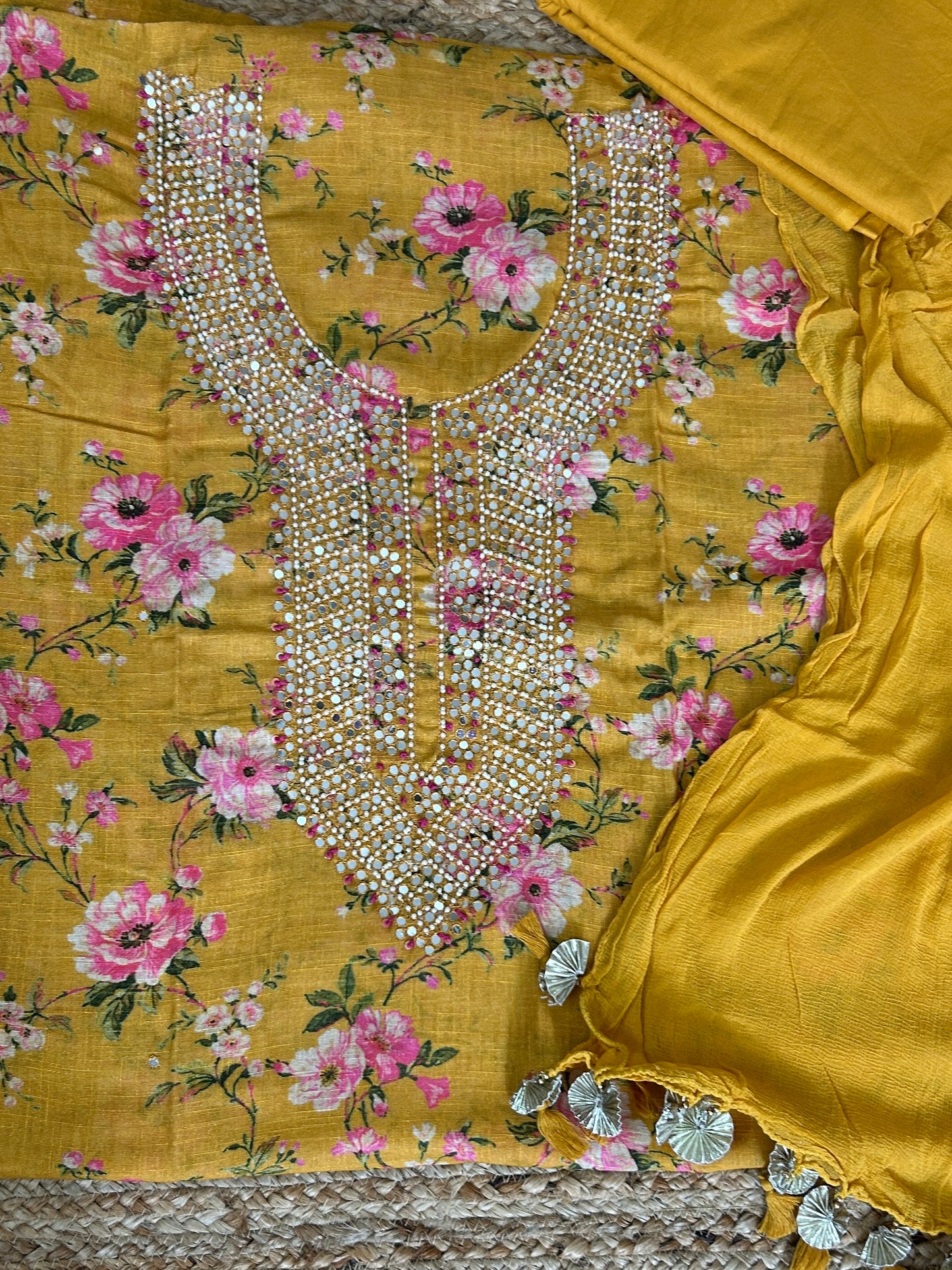 Linen Cotton Floral Print Dress Material with Handwork