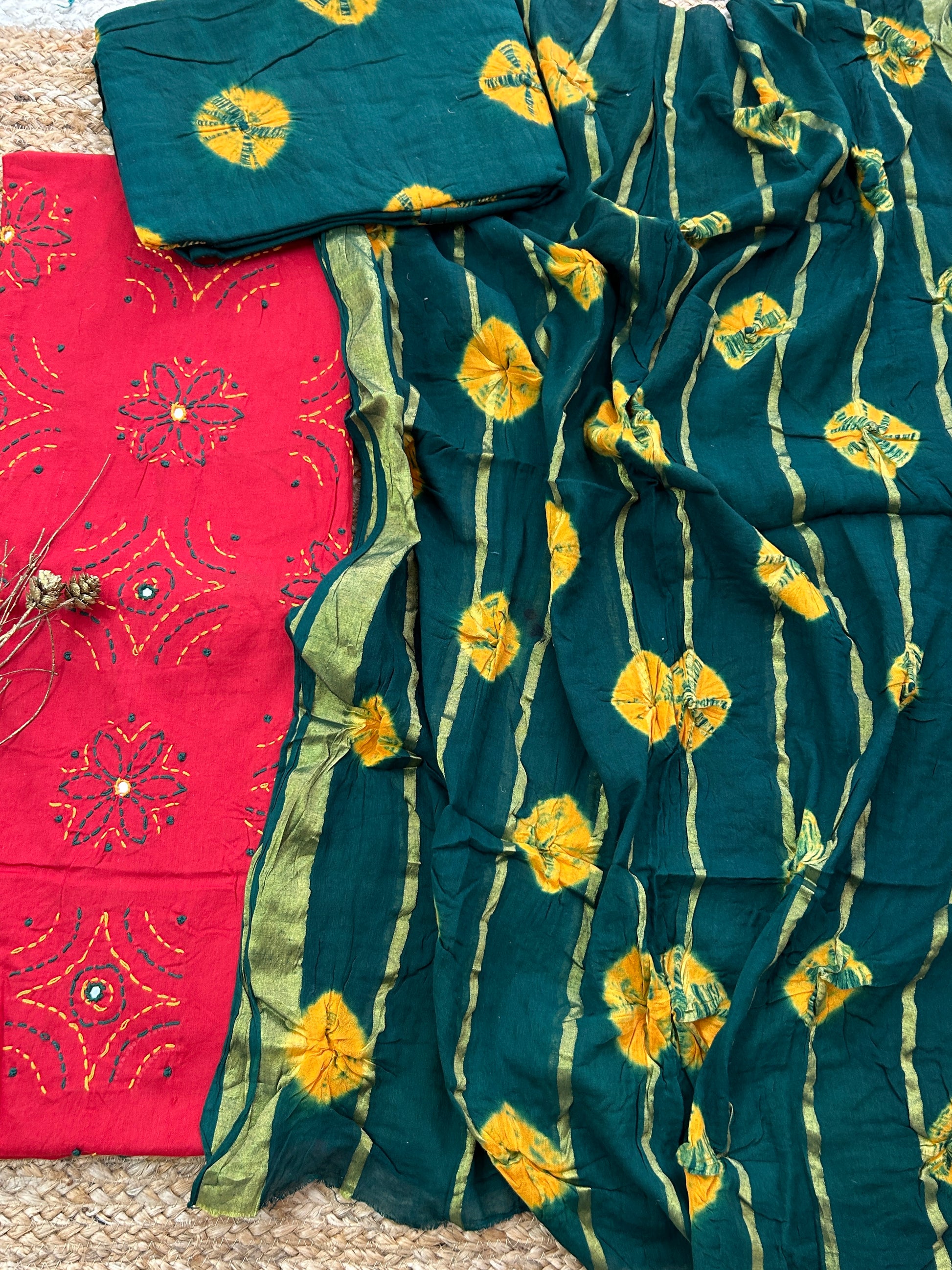 Bandhej Cotton Embroidered Dress Material