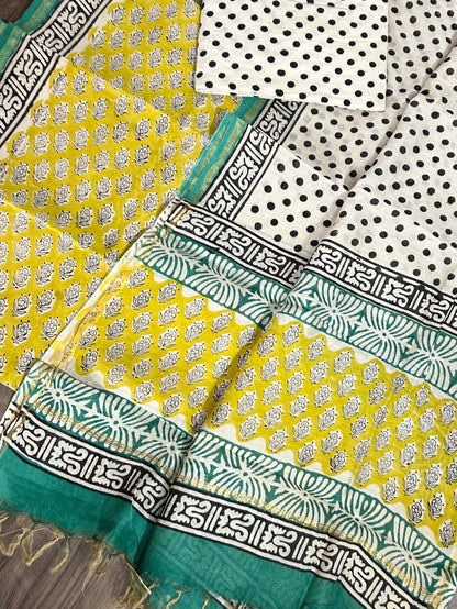 Hand Block Printed Chanderi Silk Cotton Dress Material with Shantoon Bottom