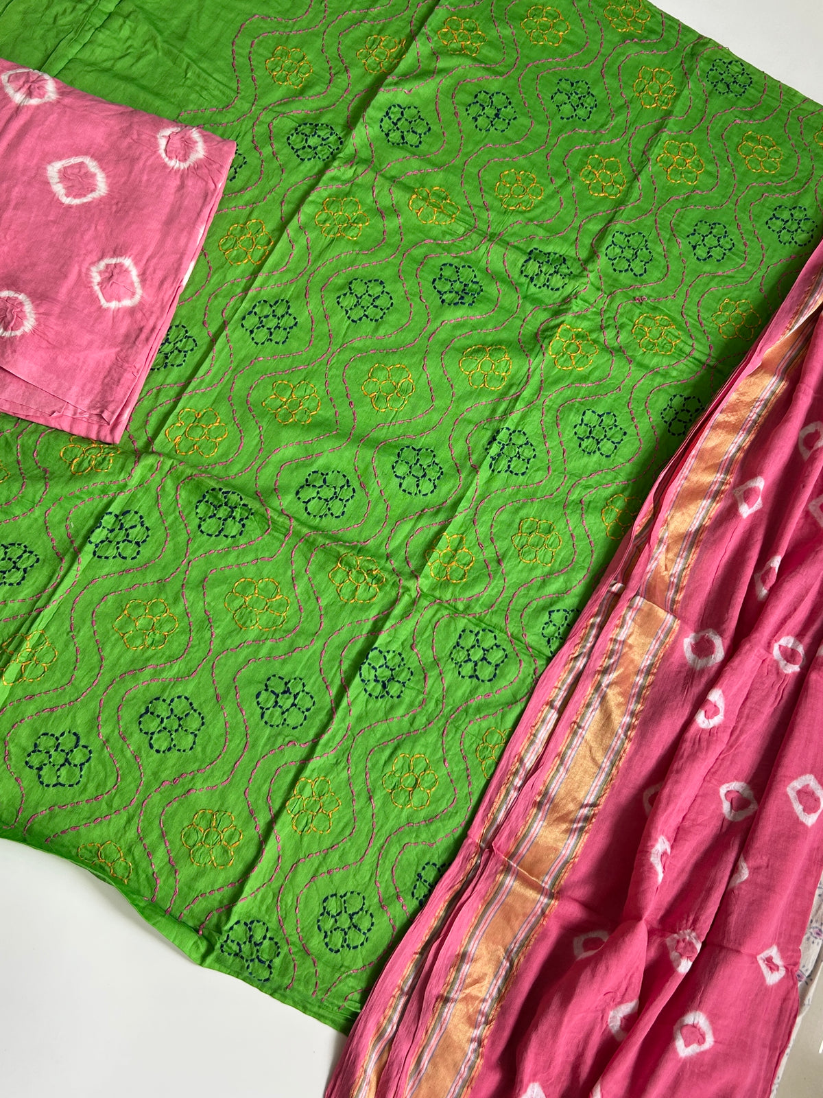 Embroidered Cotton Bandhej Dress Material