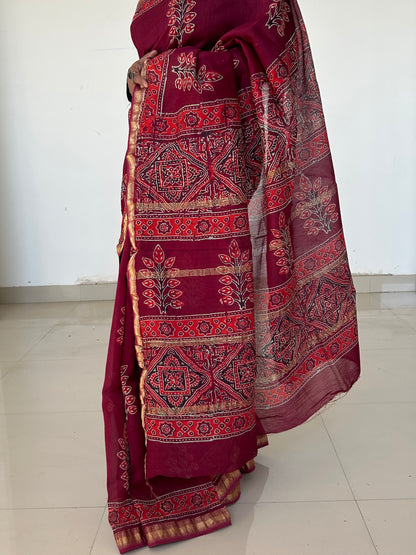 Hand Block Print Maheshwari Silk Cotton Saree *