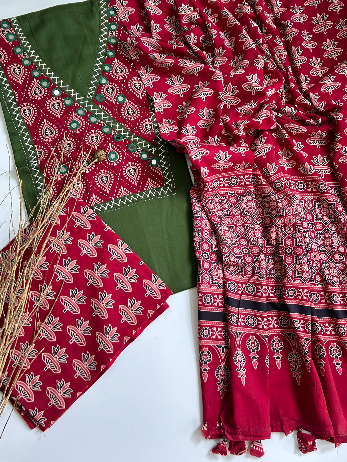 Green Red Ajrakh Cotton Dress Material with Original Mirror Work