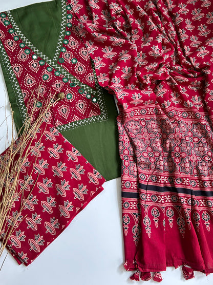 Green Red Ajrakh Cotton Dress Material with Original Mirror Work