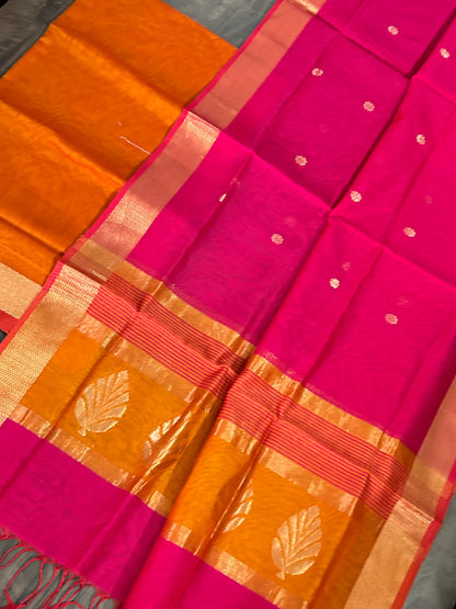 Orange Pink Maheshwari Silk Dress Material