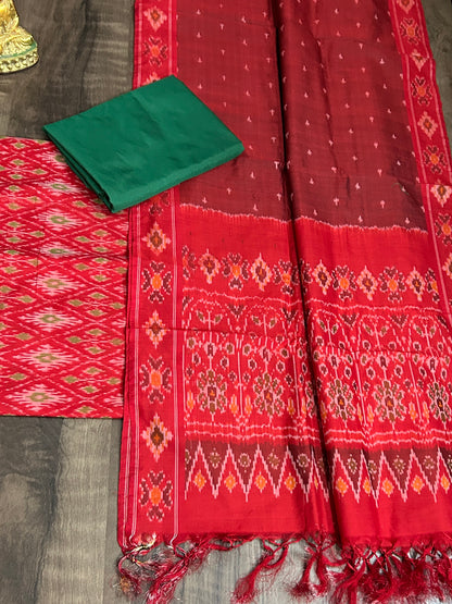 Red Green Ikat Handloom Pure Silk Cotton Dress Material *