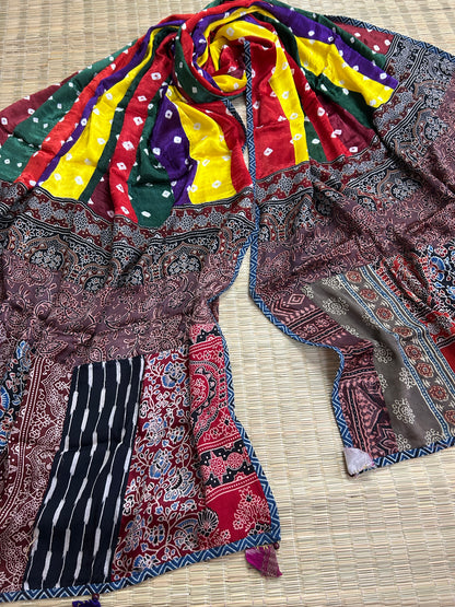 Ajrakh Bandani Patch Work Modal Silk Dupatta (D60)