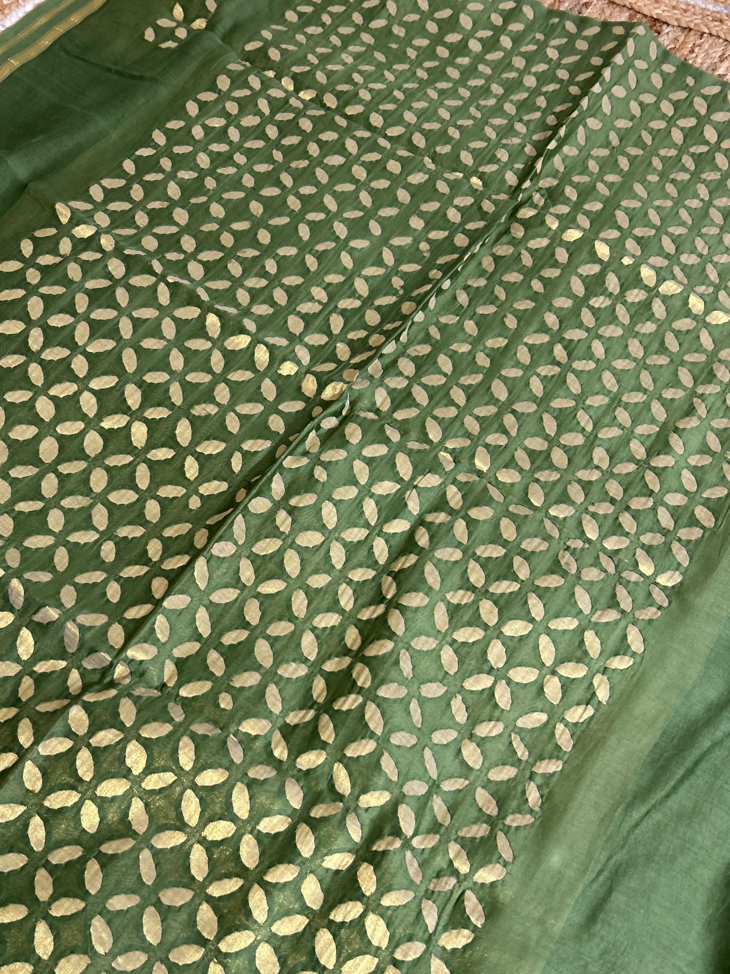 Green Appliqué Work Chanderi Silk Kurti Fabric
