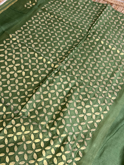 Green Appliqué Work Chanderi Silk Kurti Fabric
