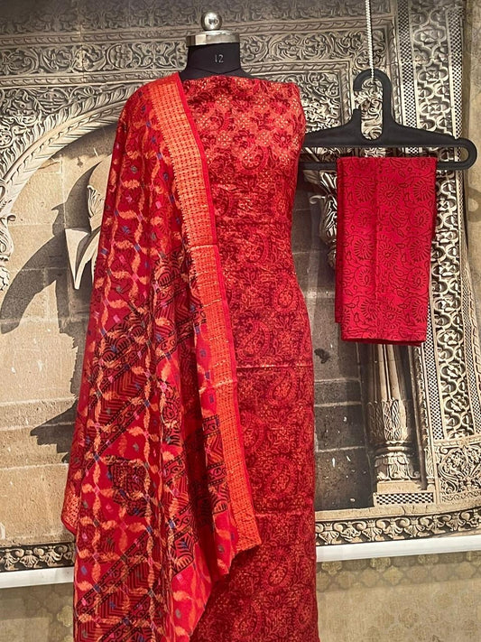 Red Bagh Print Cotton Dress Material with zari Weaving Border