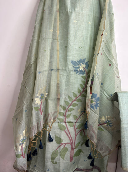 Apple Green Assam Muga Cotton Woven Dress Material