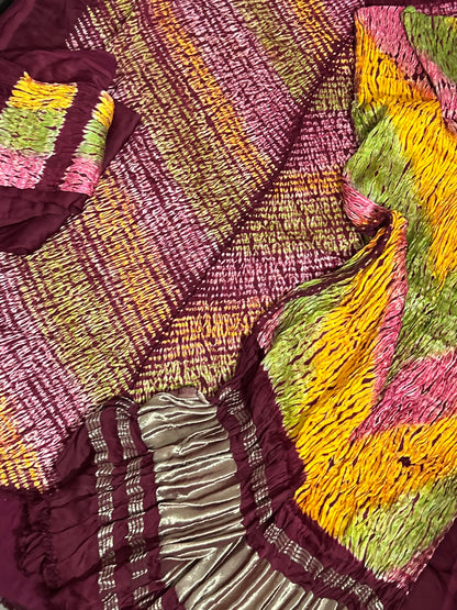 Maroon Multi Coloured Shibori Modal Silk Dress Material