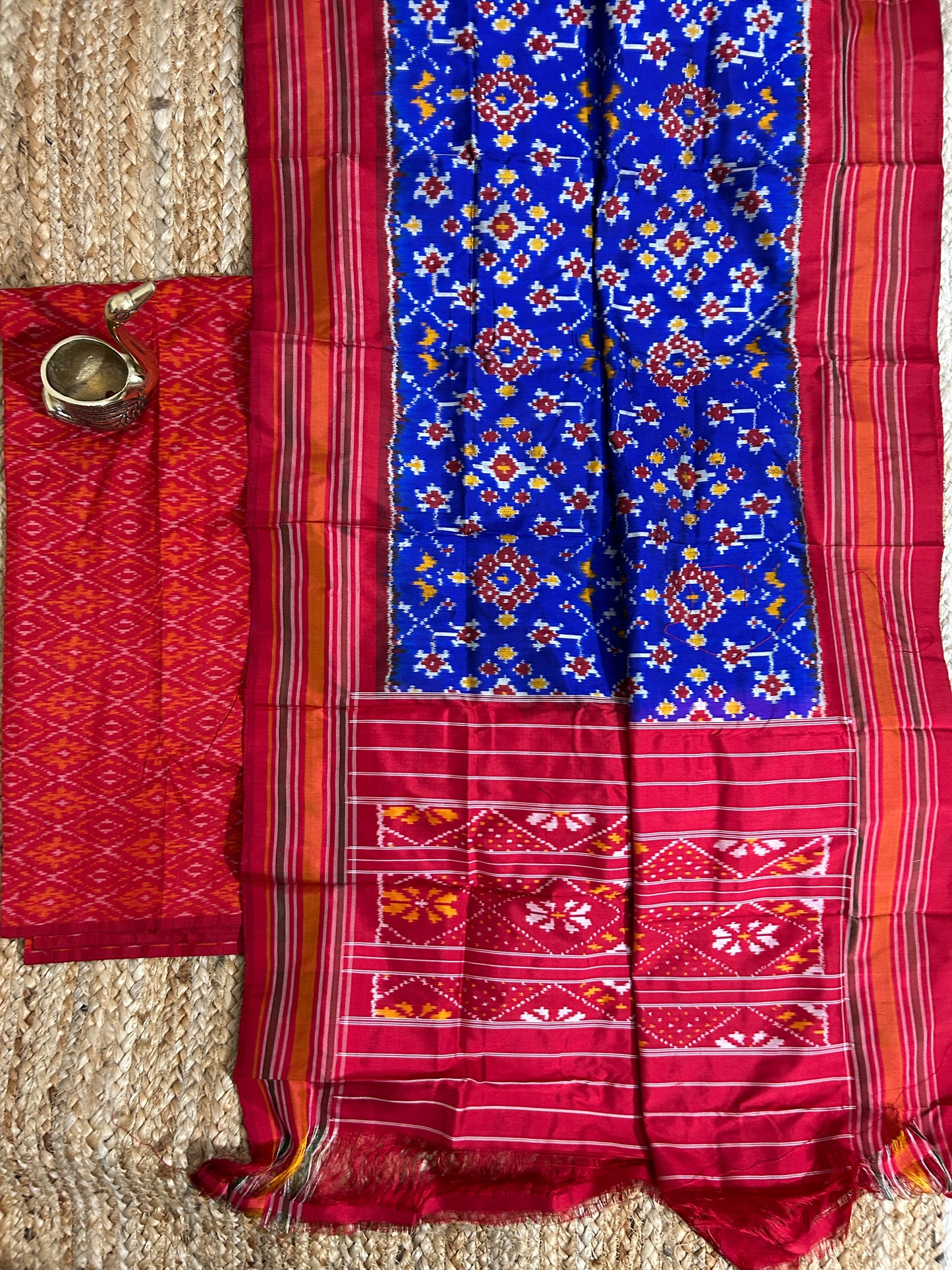Red Blue Pochampally Pure Silk Dress Material