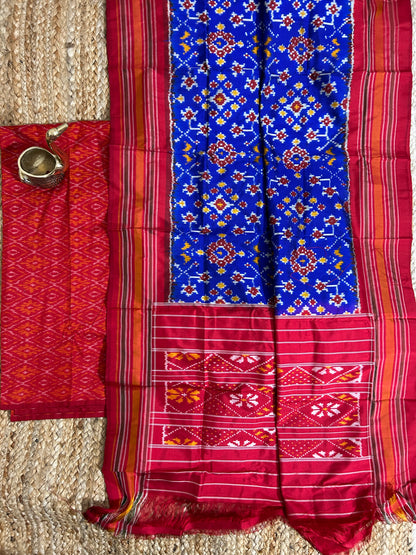 Red Blue Pochampally Pure Silk Dress Material