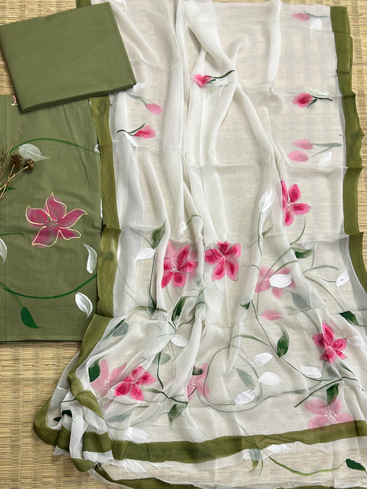 Hand Painted Cotton Dress Material with Chiffon Dupatta