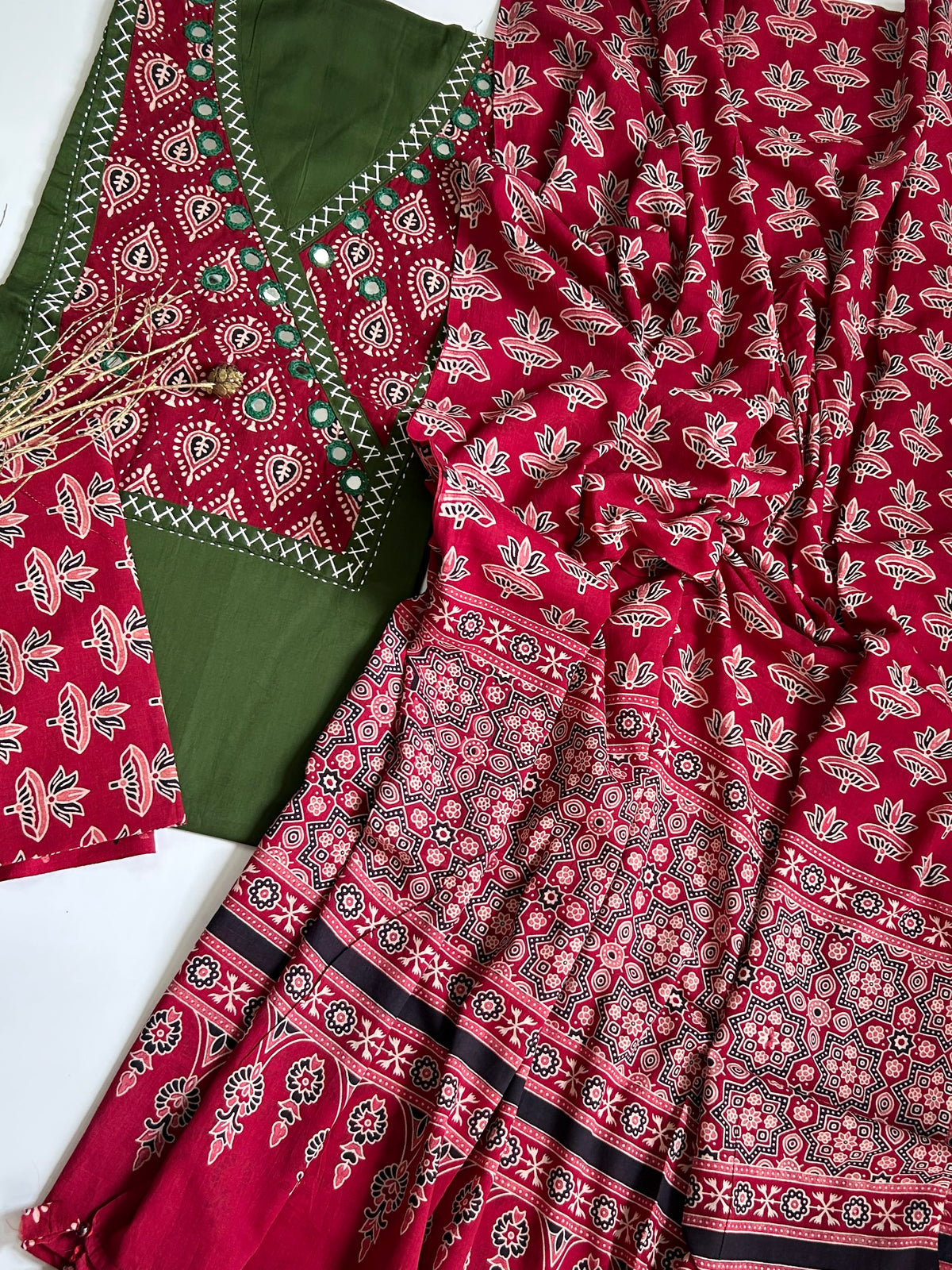Green Red Ajrakh Cotton Dress Material with Original Mirror Work