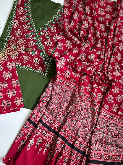 Green Red Ajrakh Cotton Dress Material with Original Mirror Work