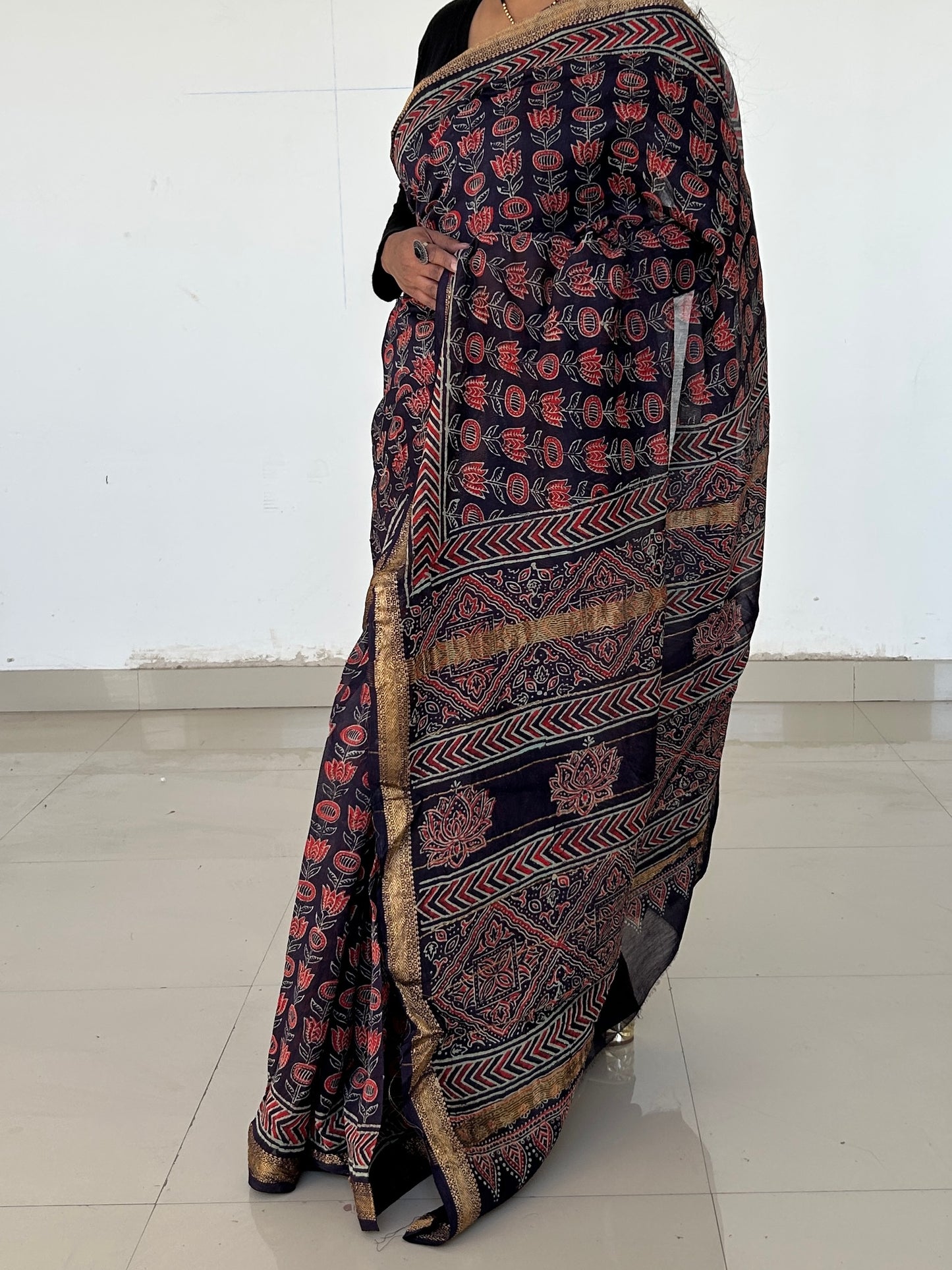 Ajrakh Hand BlockPrint Maheshwari Silk Cotton Saree with Gold zari Border *