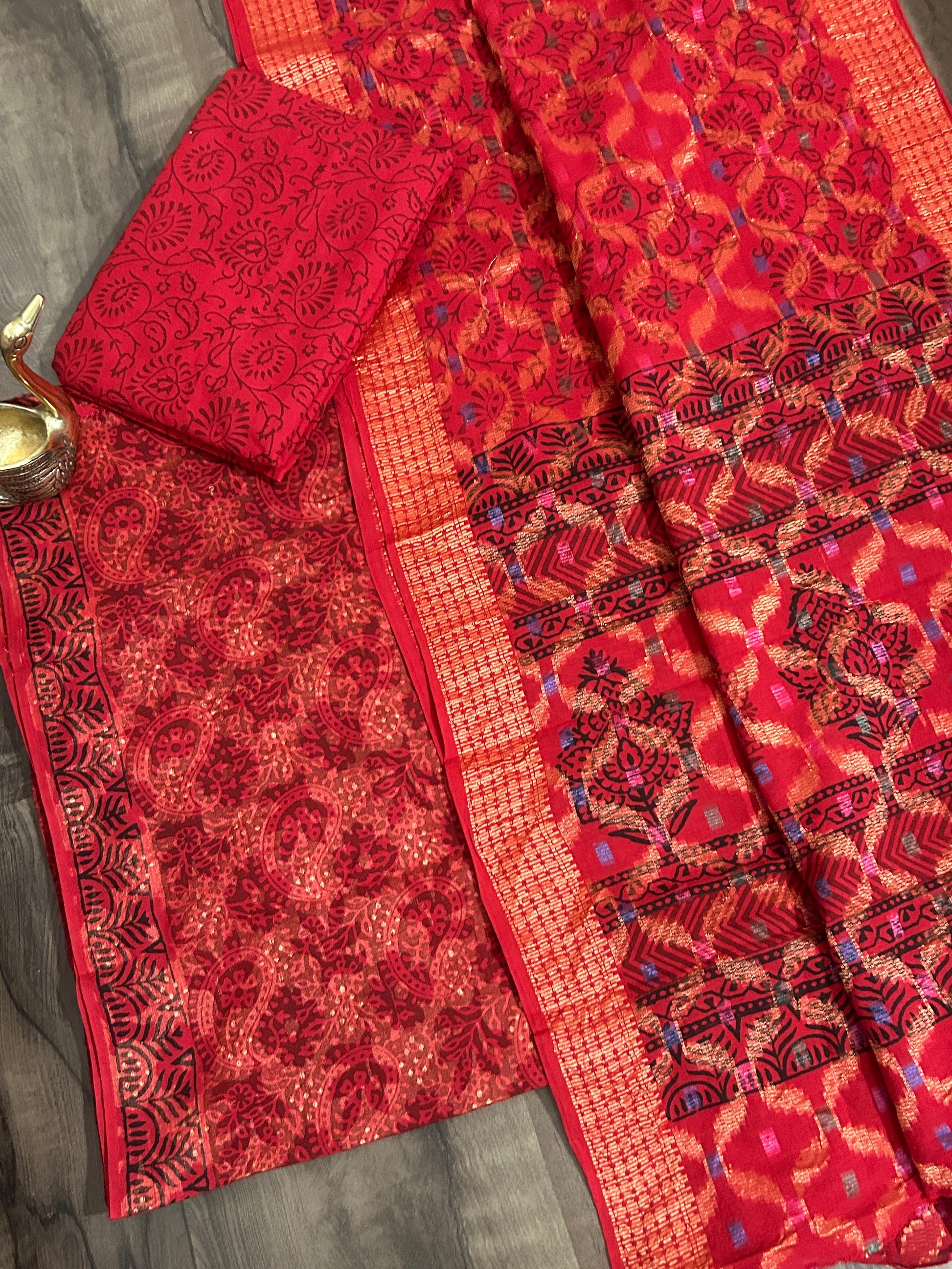 Red Bagh Print Cotton Dress Material with zari Weaving Border