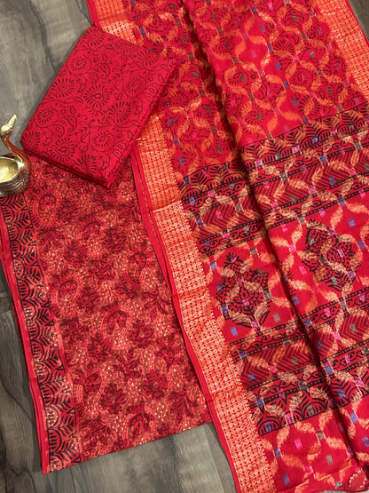 Red Bagh Print Cotton Dress Material with zari Weaving Border