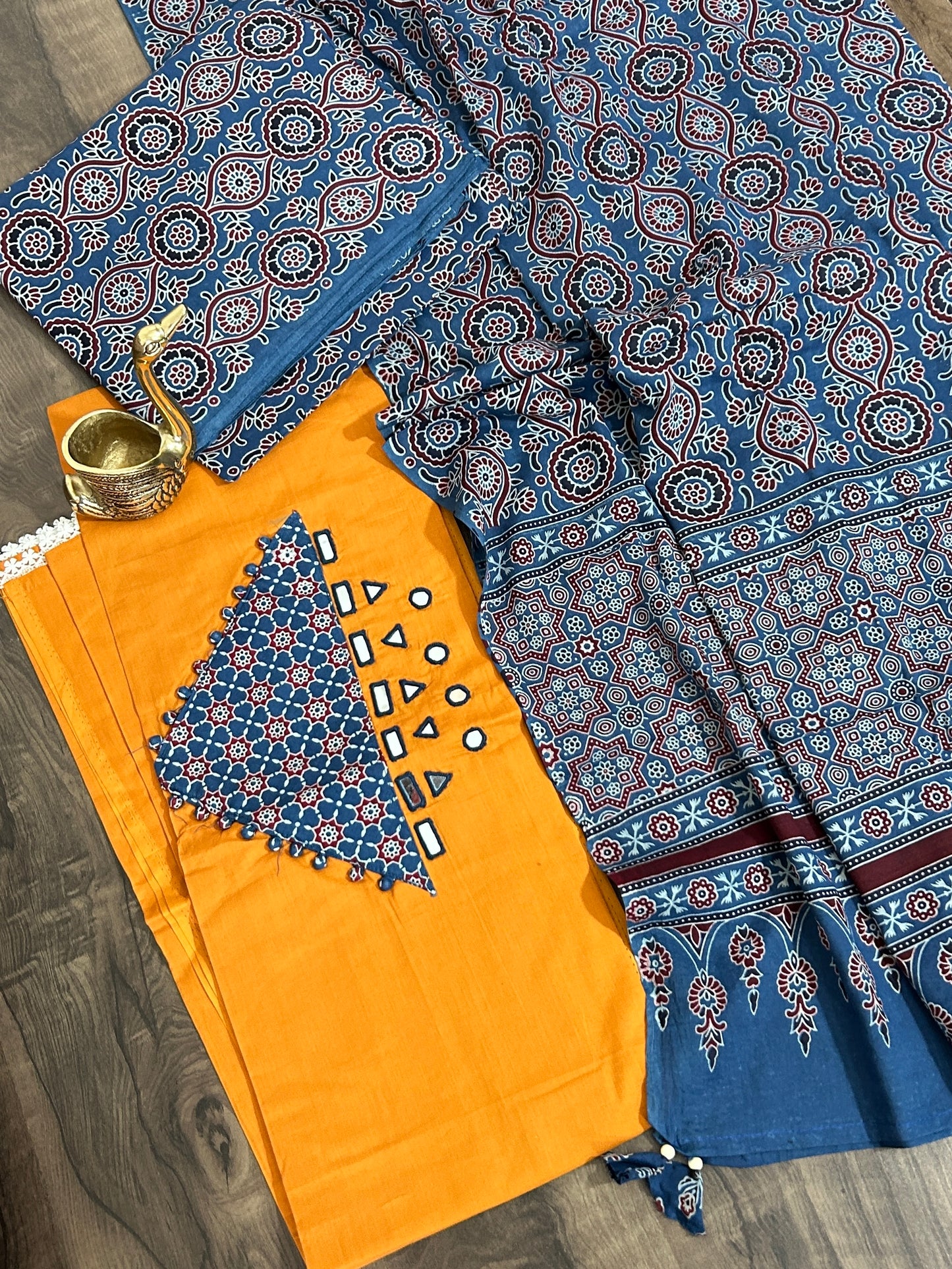 Ajrakh Cotton Dress Material with Original Mirror Work