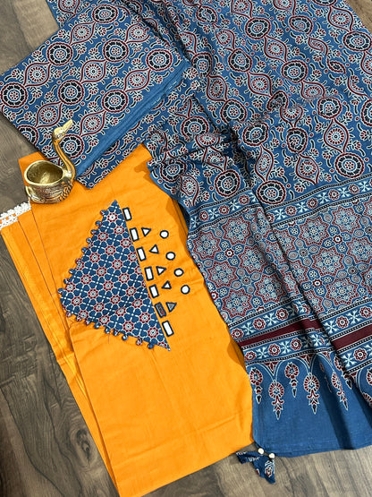 Ajrakh Cotton Dress Material with Original Mirror Work