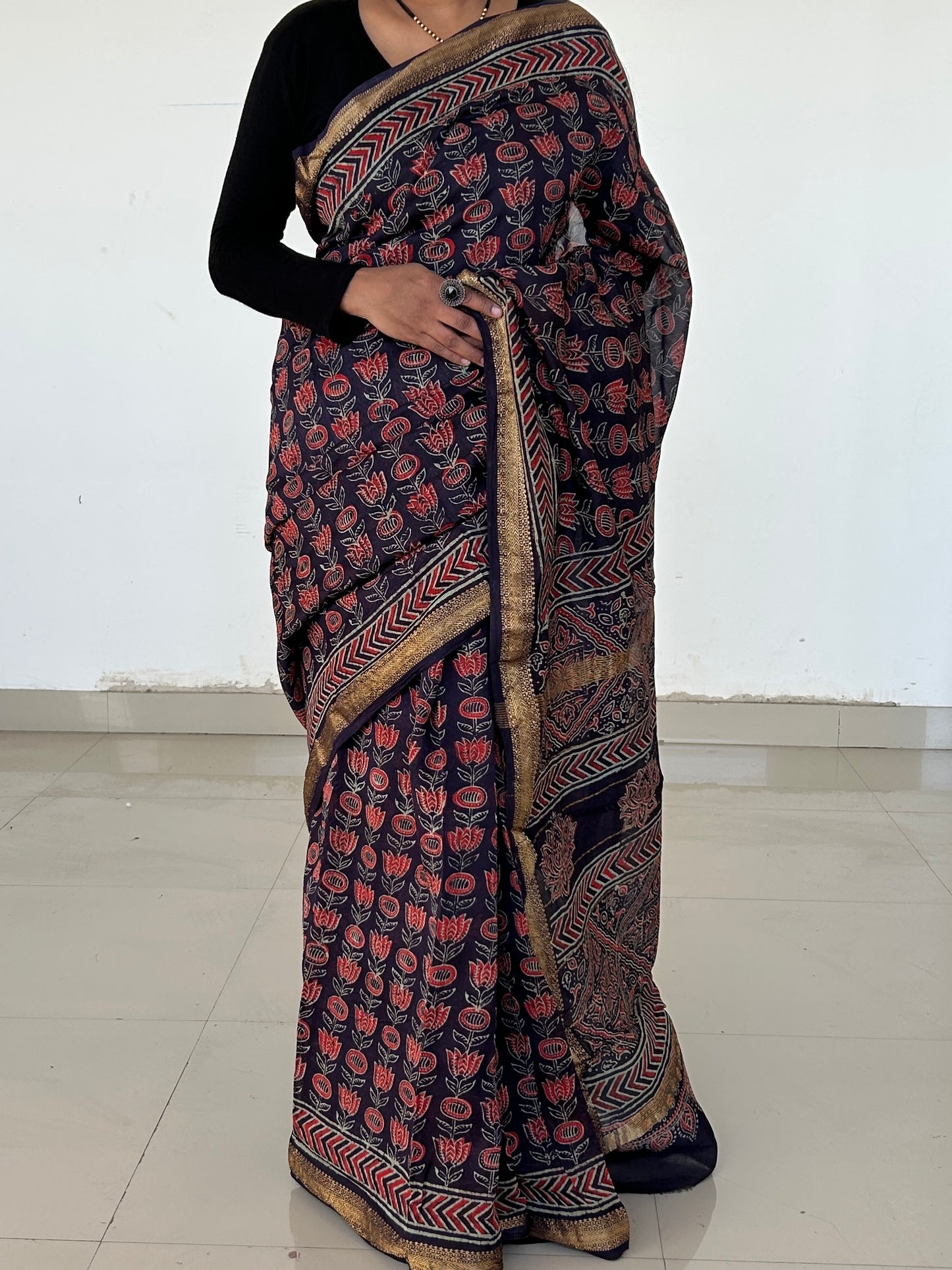 Ajrakh Hand BlockPrint Maheshwari Silk Cotton Saree with Gold zari Border *