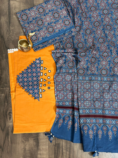 Ajrakh Cotton Dress Material with Original Mirror Work
