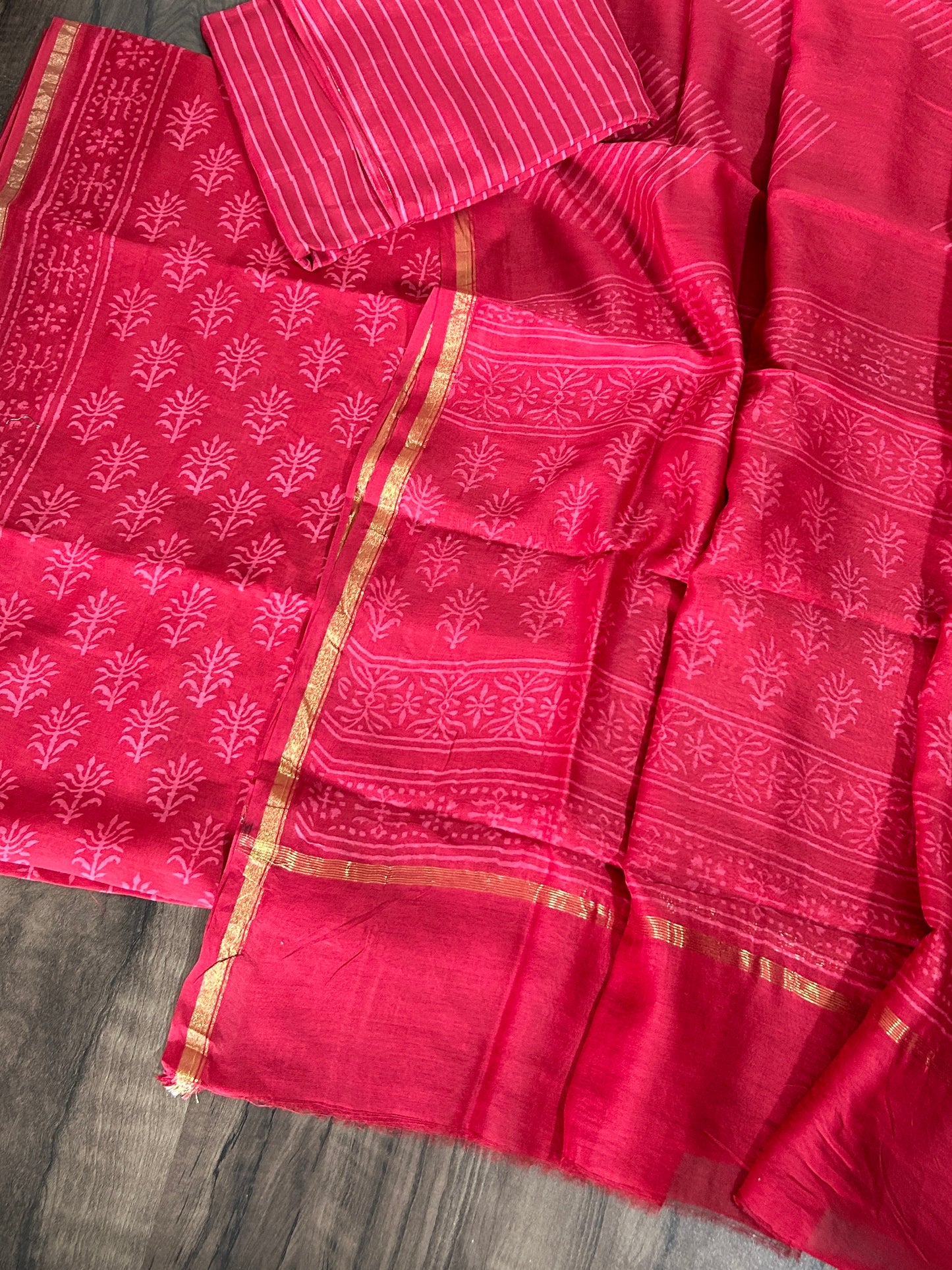 Hand Block Printed Chanderi Silk Cotton Dress Material with Shantoon Bottom