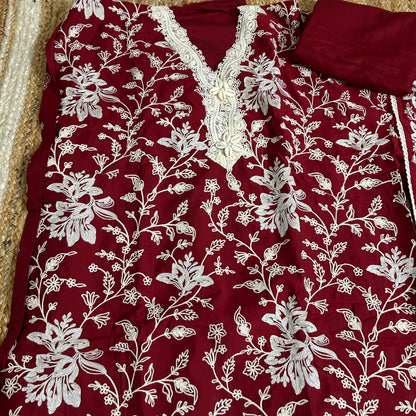 Maroon Embroidered silk Cotton Dress Material