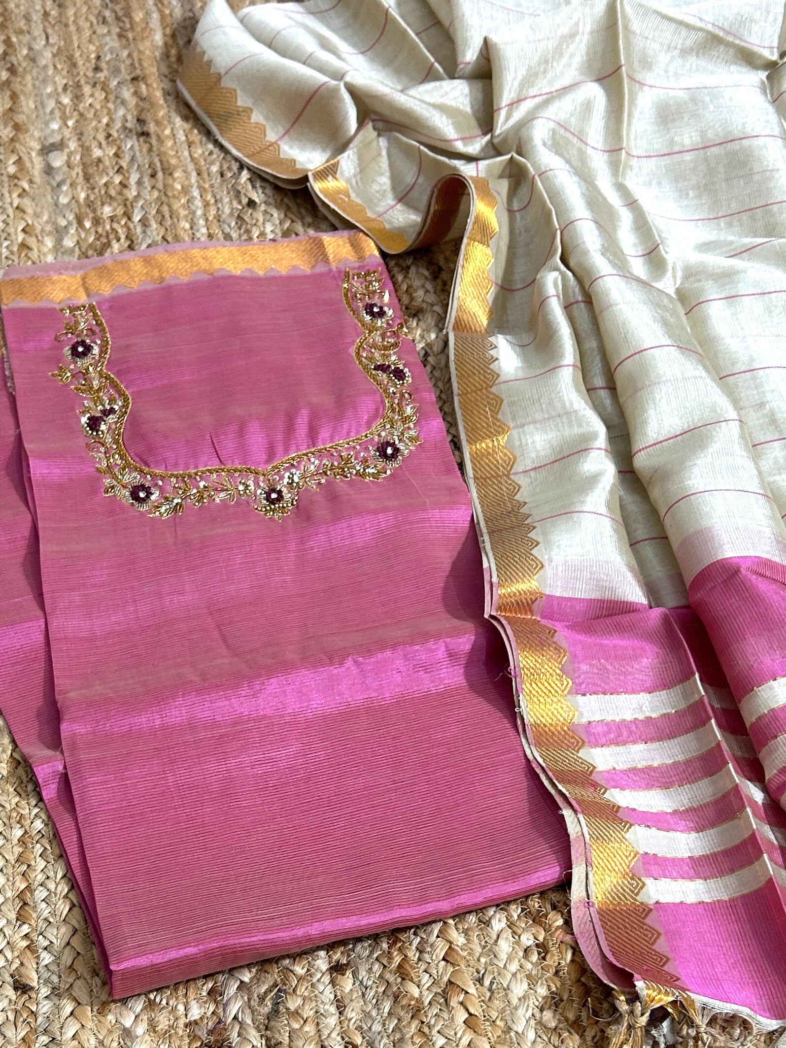 Mangalagiri Silk Dress Material with Maggam Handwork