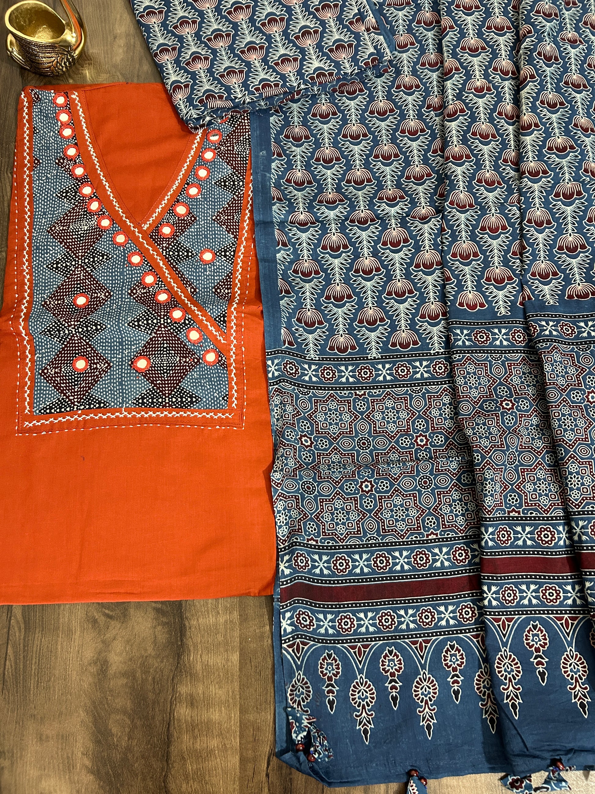 Ajrakh Cotton Dress Material with Original Mirror Work