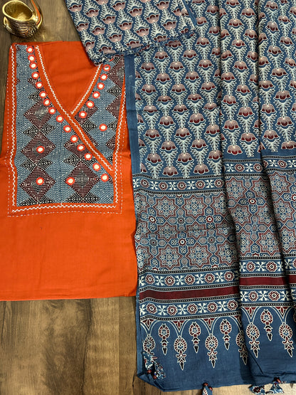 Ajrakh Cotton Dress Material with Original Mirror Work