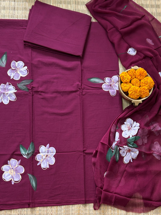 Hand Painted Cotton Dress Material with Chiffon dupatta