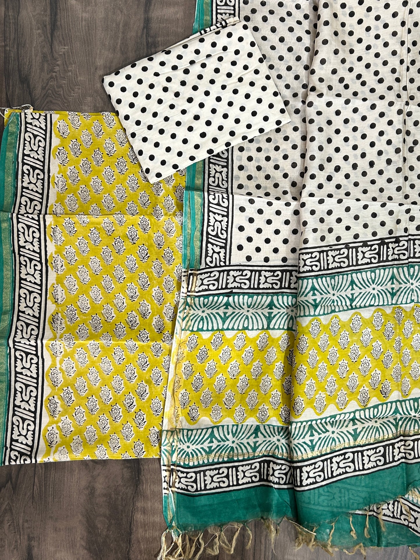 Hand Block Printed Chanderi Silk Cotton Dress Material with Shantoon Bottom